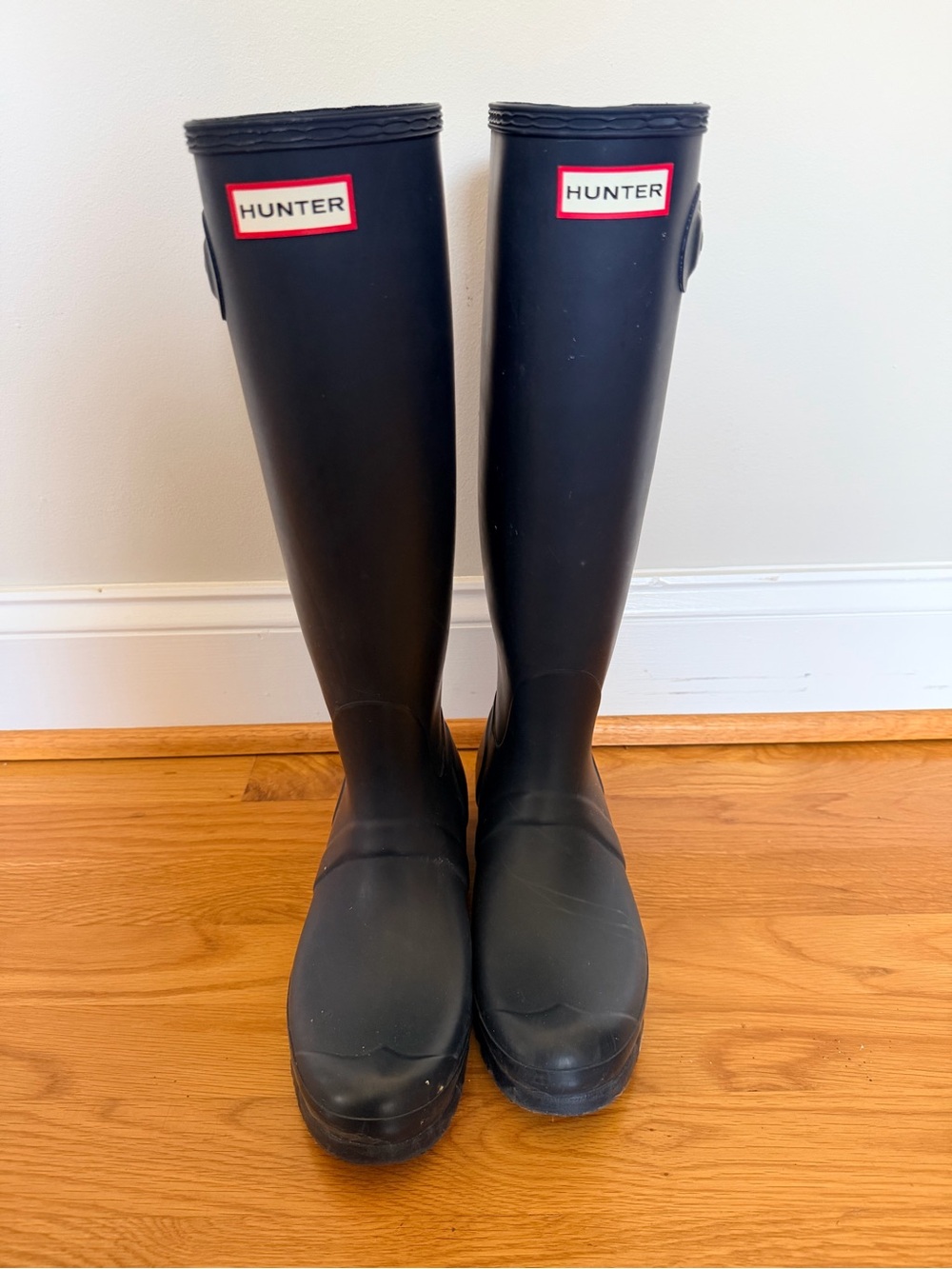 Hunter Navy Blue Matte Tall Rain Boots with Red Logo